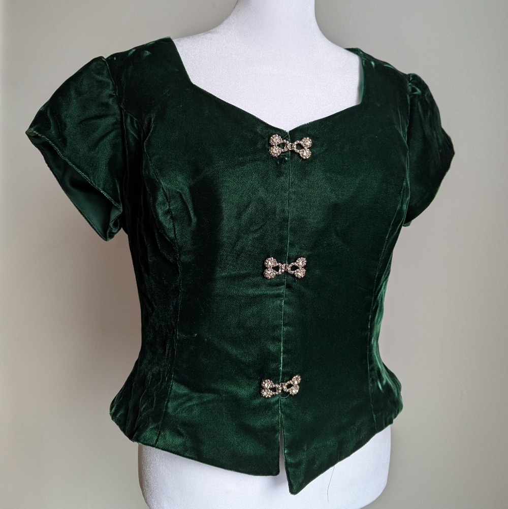 90s Green Velvet Medieval Puff Sleeve Basque Waist Renaissance Style Top